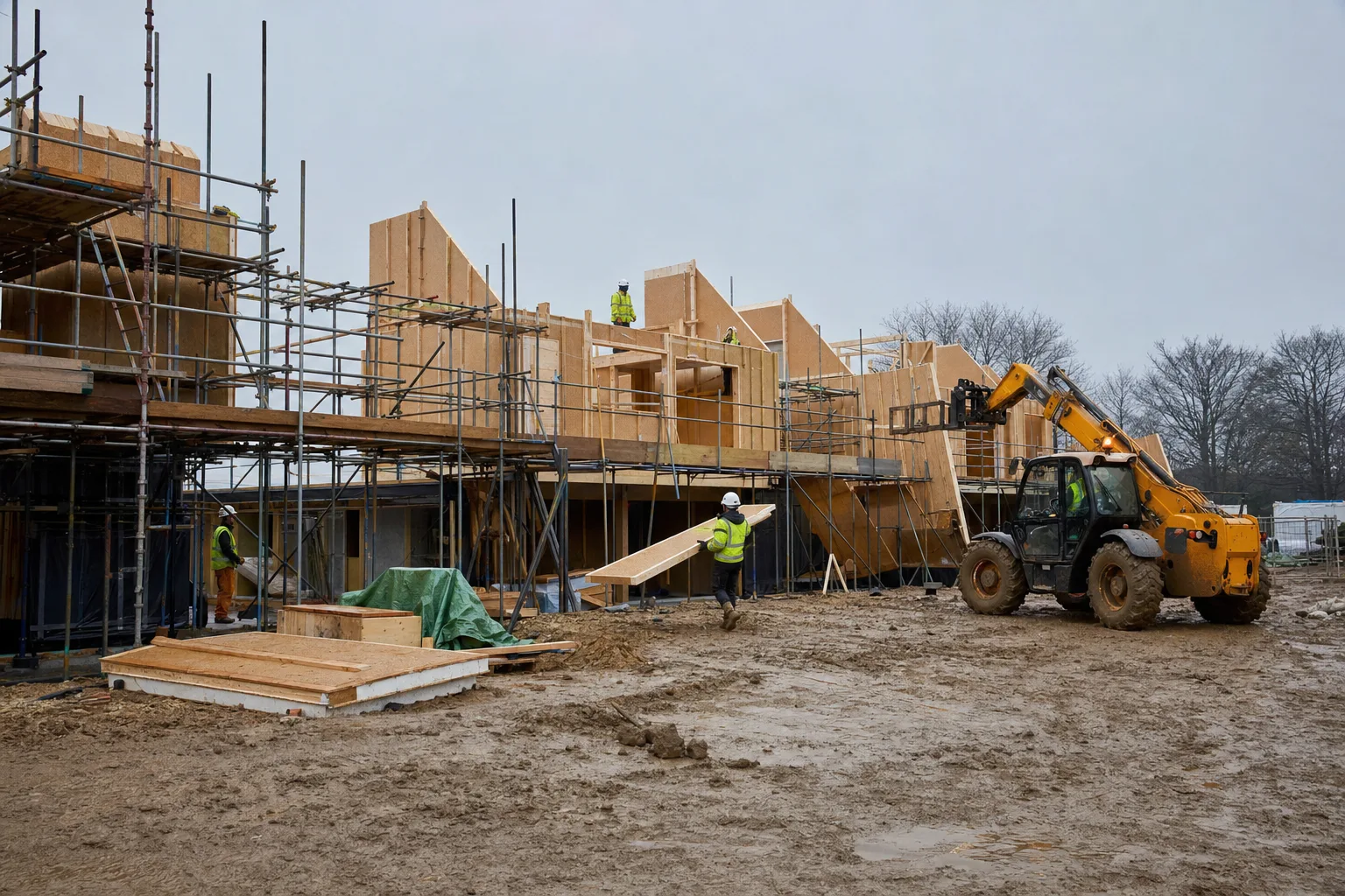 A partly built housing site with scaffolding and a timber frame going up