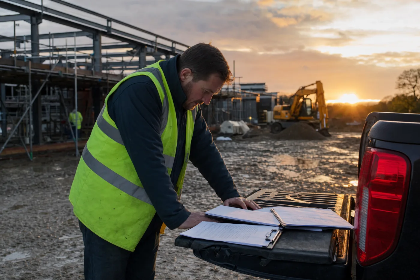 A site manager going through paperwork on a tailgate at the end of the day